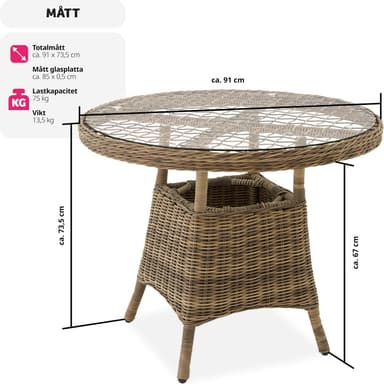 Havebord polyrattan 91x73,5cm - natur