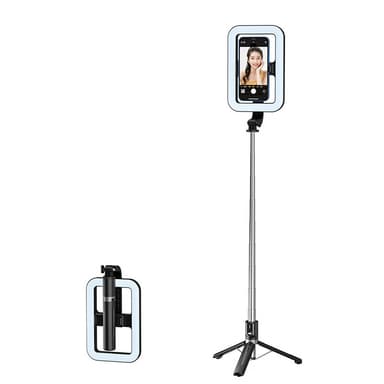 Selfie Stick-stativ med firkantet lys Sort