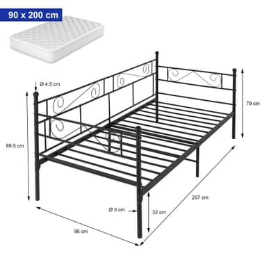 ML Design dag seng 90x200cm metal seng på stålramme med hoved og fod del,