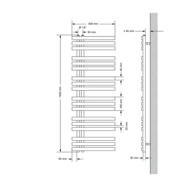Håndklædejern EM model håndklædekøler antracit 500x 1400 mm