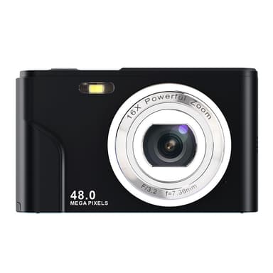 Digitalkamera med 48 MP, HD 1080p, 16x zoom, hukommelseskort Sort