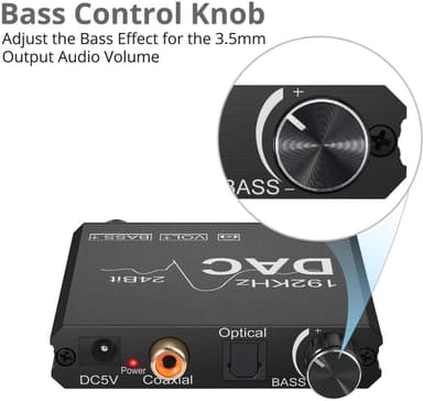 NÖRDIC DAC digital til analog konverter 192 kHz digital Toslink og Coaxial til analog L / R og 3,5 mm stereo med BASS og volumenkontrol