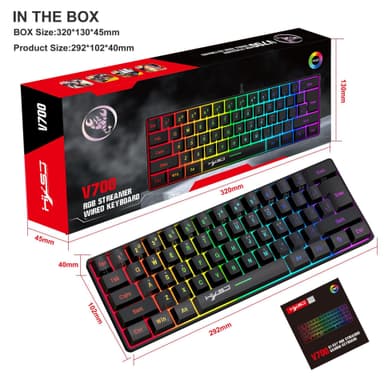 Bærbart kablet gaming-tastatur med RGB-baggrundsbelysning, 61 taster Sort