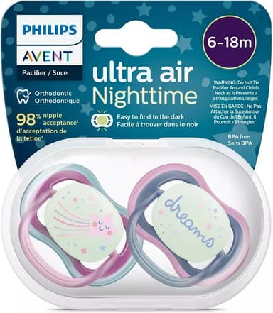 Philips Avent SCF376/14 Ultra Air Nighttime-sutter 6-18 måneder, 2 stk, søvn