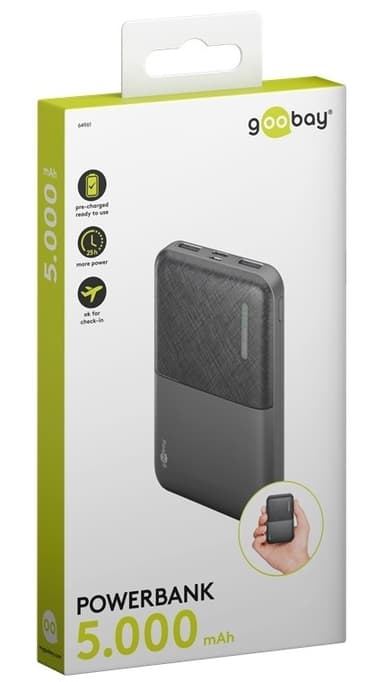 Goobay Powerbank kompakt 5.000 mAh praktisk og pladsbesparende design med 5.000 mAh, perfekt til at rejse
