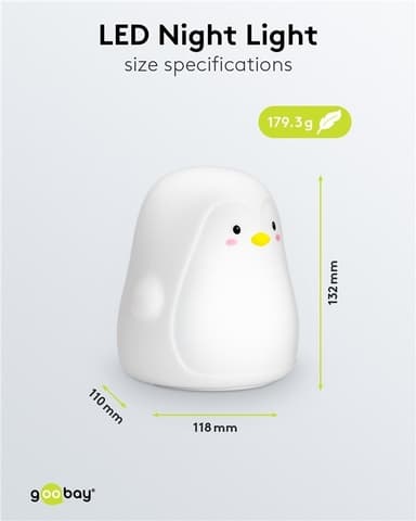 Goobay LED-vågelampe ""Pingvin"" varmt hvidt lys og 7 skiftende farver (RGB-lys), med 3 lystilstande, berøringssensor og Li-ion-batteri (3,7 V/1200 mAh), fremstillet af blød silikone