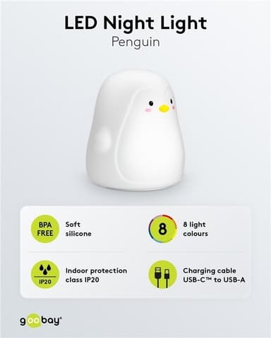 Goobay LED-vågelampe ""Pingvin"" varmt hvidt lys og 7 skiftende farver (RGB-lys), med 3 lystilstande, berøringssensor og Li-ion-batteri (3,7 V/1200 mAh), fremstillet af blød silikone