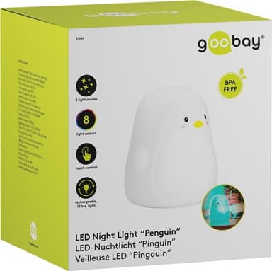 Goobay LED-vågelampe ""Pingvin"" varmt hvidt lys og 7 skiftende farver (RGB-lys), med 3 lystilstande, berøringssensor og Li-ion-batteri (3,7 V/1200 mAh), fremstillet af blød silikone