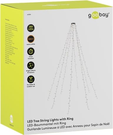 Goobay 280 LED lyskæde med ring til juletræ med timer og hukommelsesfunktion, 8 lysindstillinger, 24 V ekstern transformer, varm hvid (3000 K), til indendørs og udendørs brug (IP44)