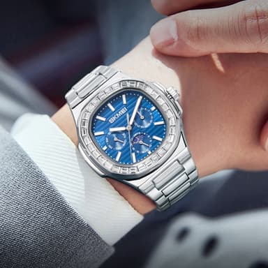 SKMEI Clock Business Herre Quartz Watch Zircon Fashion Armbåndsur - Sølv + Blå