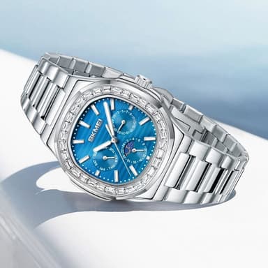 SKMEI Clock Business Herre Quartz Watch Zircon Fashion Armbåndsur - Sølv + Blå