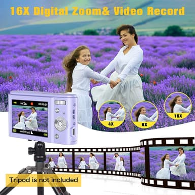 Digitalkamera med 48 MP, HD 1080p, 16x zoom, hukommelseskort Lilla