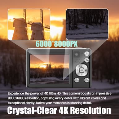 4K HD digitalkamera med front- og bagkamera og stabilisering Sort