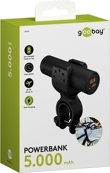 Goobay Bike Powerbank 5.0 (5.000 mAh) lille, tynd og handy bar powerbank med en kapacitet på 5.000 mAh til montering på cyklen