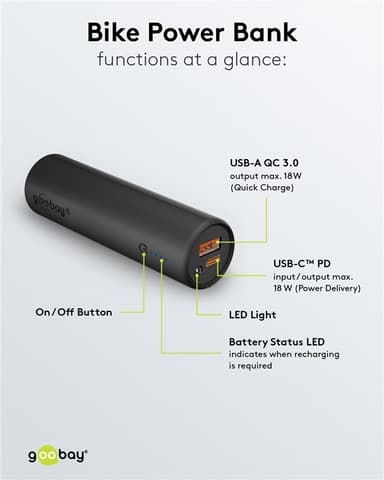 Goobay Bike Powerbank 5.0 (5.000 mAh) lille, tynd og handy bar powerbank med en kapacitet på 5.000 mAh til montering på cyklen