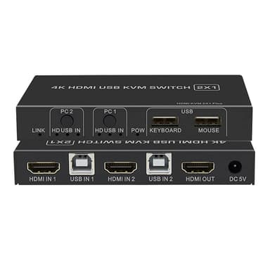 NÖRDIC KVM Switch 2 PC til 1 HDMI 2.0 og 4xUSB til Xbox, PS5, Laptop