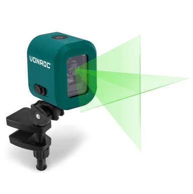VONROC Laser 4V -  Krydslaser - Grøn - Selvnivellerende - 18 meter rækkevidde | Inkl. USB-C oplader og universel klemme