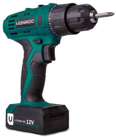 VONROC Bore-/skruemaskine 12V | Inkl. 2x akku og oplader | Inkl. 46 dele tilbehør