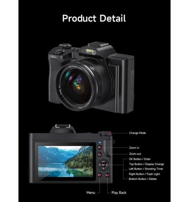 Digitalkamera 4K, 48MP, CMOS, 16x zoom, selvudløser