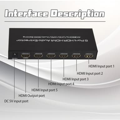 HDMI Switch 5 i 1 Out 4K 60Hz, HDMI Switcher med fjernbetjening, kompatibel med Xbox, PS 4/3 Sort