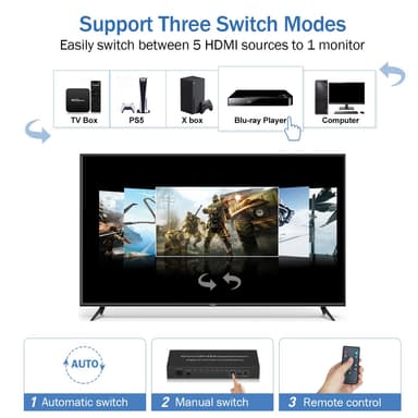 HDMI Switch 5 i 1 Out 4K 60Hz, HDMI Switcher med fjernbetjening, kompatibel med Xbox, PS 4/3 Sort