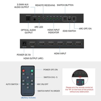 HDMI Switch 5 i 1 Out 4K 60Hz, HDMI Switcher med fjernbetjening, kompatibel med Xbox, PS 4/3 Sort