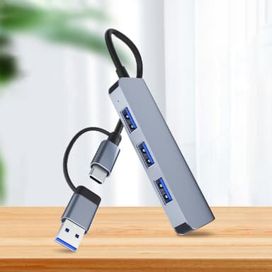 Dobbelt USB-C og USB-A Hub med 1 USB3.0-port og 3 USB2.0-porte