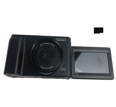 Digitalkamera med 48 MP, HD 1080p, 16x zoom, flip screen, 32 GB kort sort