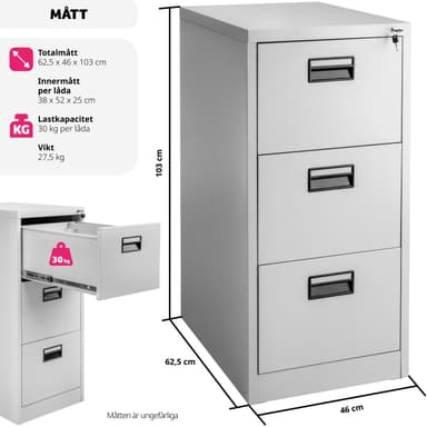 Låsbart arkivskab med 3 skuffer 62,4x46x102,8cm - grå