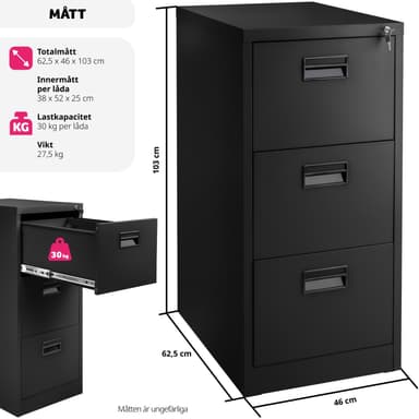 Låsbart arkivskab med 3 skuffer 62,4x46x102,8cm - sort