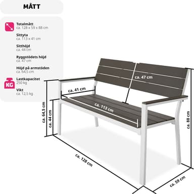 Havebænk Line 128x59x88cm - lysegrå/hvid