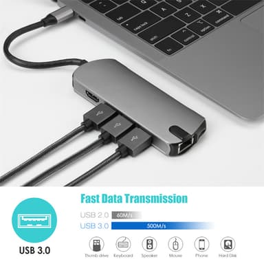 8-i-1 USB-C Hub med USB 3.0, HDMI, RJ45, SD/TF-kortslot, 100W PD-opladning