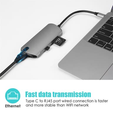 8-i-1 USB-C Hub med USB 3.0, HDMI, RJ45, SD/TF-kortslot, 100W PD-opladning