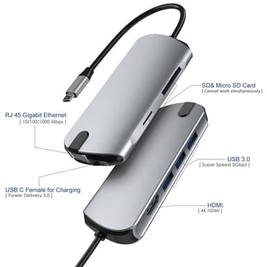8-i-1 USB-C Hub med USB 3.0, HDMI, RJ45, SD/TF-kortslot, 100W PD-opladning