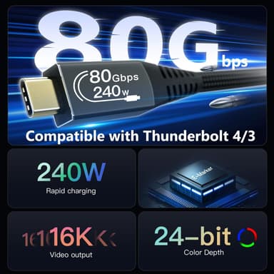 NÖRDIC 1m Thunderbolt 5 kabel 80Gbps dataoverførsel 240W opladning 120Gbps båndbredde 16K60Hz 8K60Hz 4K540Hz