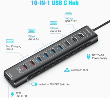 NÖRDIC Powered 10-ports USB-C & A Hub, 3x10G USB-A og USB-C USB3.2 GEN2, 4x5G USB-A USB3.2 GEN1, 1xUSB-C 20W PD, 2xUSB-A opladning med individuel switch