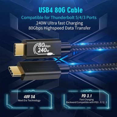 NÖRDIC 1m Thunderbolt 5 kabel 80Gbps dataoverførsel 240W opladning 120Gbps båndbredde 16K60Hz 8K60Hz 4K540Hz