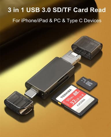 NÖRDIC OTG kortlæser 3 i 1 USB-C + Lightning + USB-A 3.0 understøttelse af SD / TF Micro SD Op til 2TB 5Gbps
