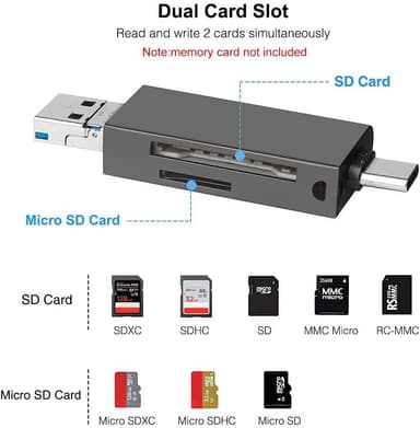 NÖRDIC OTG kortlæser 3 i 1 USB-C + Lightning + USB-A 3.0 understøttelse af SD / TF Micro SD Op til 2TB 5Gbps