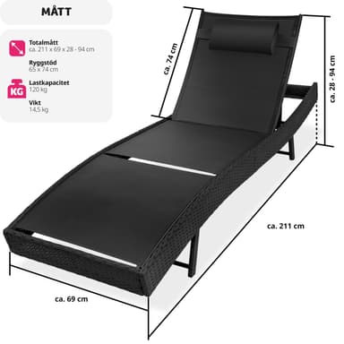 Polyrattan liggestol med nakkepude Delphine - sort