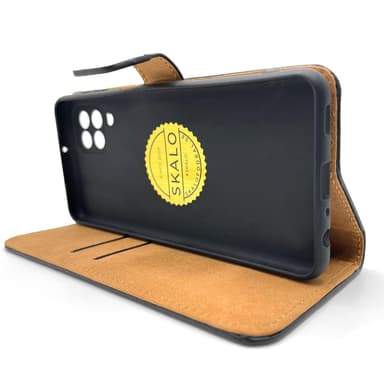 SKALO Samsung A12 Flip Cover m. Pung i Ægte Læder - Sort