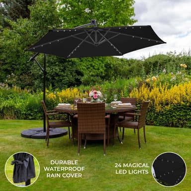 Sort 3m LED Cantilever Parasol med Fan Base