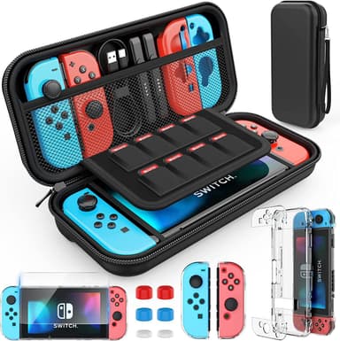 11 i 1 beskyttelsesetui, film og tommelfingerhætter til Nintendo Switch OLED-konsoller Sort