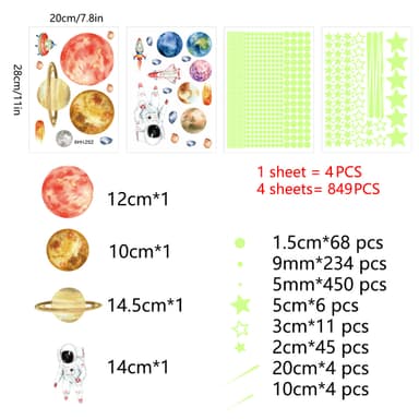 Glow in The Dark Moon Stars Stickers 849-Piece