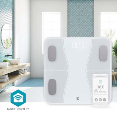 Nedis SmartLife Personvægt | Bluetooth® | Ben / BMI / BMR / Fedt / Muskler / Vand / Vægt | 12 | Maksimal belastning: 180 kg | Android™ / IOS | ABS / Glas | Hvid