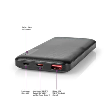Nedis Powerbank | 10000 mAh | 1.5 / 2.0 / 3.0 A | Antal output: 2 | Output tilslutning: 1x USB-A / 1x USB-C™ | Input forbindels: 1x Micro USB / 1x USB-C™ | PD2.0 18W | Lithium-polymer
