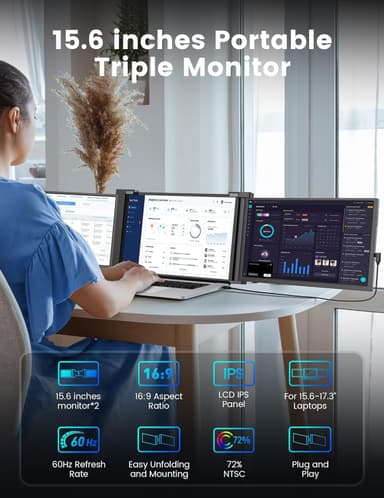 NÖRDIC Dual Portable 15.6"" skærme med teleskopstativ til bærbar 15-17,3"", FHD 1080P, Mac/Windows, USB-C forbindelse