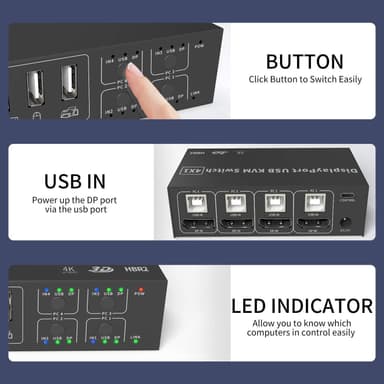 NÖRDIC KVM Switch 4 PC til 1 DisplayPort 1.2 4K 60Hz og 4x USB HDCP 2.2