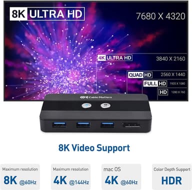Cable Matters KVM-switch 2 til 1 Displayport 1.4 8K60Hz 4K120Hz 3xUSB3.0 med 5Gbps