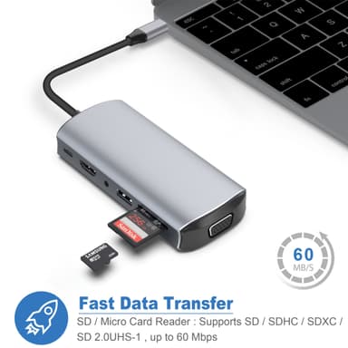 USB C Hub USB 3.0/2.0, HDMI, RJ45, SD/TF-kortlæser, 100W PD, VGA, 3,5 mm